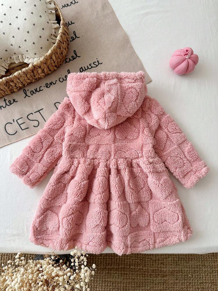 SHEIN Girls Pink Hooded Fuzzy Mid-Length Coat With Embossed Heart Patterns All Over. Lovely Winter Outerwear For Little Girls Daily Wear. - Pink - View 2