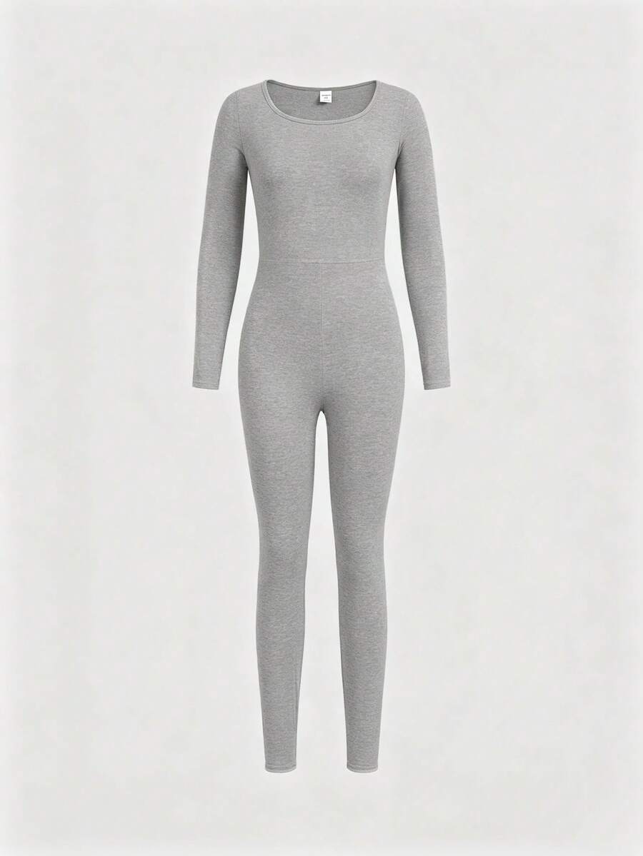 SHEIN Girlism 青少年女孩純色針織方領修身休閒連身褲 - 淺灰色 - 查看 1