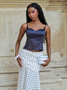 Mima John Women's Sexy Black Lace Trim Collar Black & White Polka Dot Pattern Bodycon Camisole Casual Summer - Black - View 1