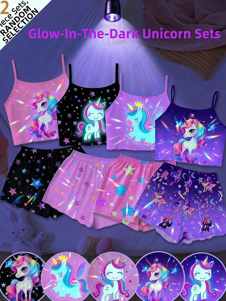 SHEIN [4 Sets Aleatorios, 2 Enviados] Conjuntos de Pijama para Niñas Jóvenes con Estampado de Unicornio de Dibujos Animados, Manga Corta y Pantalones Cortos Ajustados, Brilla en la Oscuridad Bajo Luz UV, Ajuste Ceñido - Rosa - Añade 1