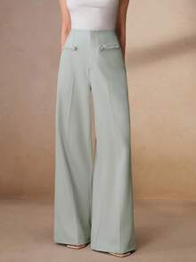 Anewsta Elegant All-Season Commute Work Outfits For Women, Braided Decor Front Pleated Mint Green Women's Suit Pants, Suitable For Commuting, Daily Wear, Outings - Mint Green - View 1