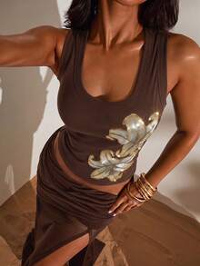 Opulessa Spring/Summer Vacation Solid Color Knit Fitted Women's Tank Top - Brown - View 2