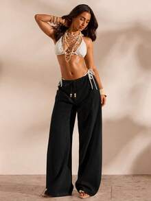 Opulessa Women's Solid Color Waist Tie Cover-Up Pants For Vacation - 黑色 - 查看 3