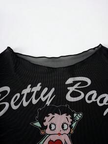 Betty Boop x SHEIN 女款夏季海灘豹紋掛脖比基尼套裝，附短袖罩衫上衣 - 黑色 - 查看 4