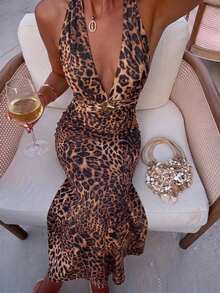 Lumalex Women's Sexy Wrap Dark Brown Backless Halter Neck Dress For Summer Day Party Vacation - Multicolor - View 2