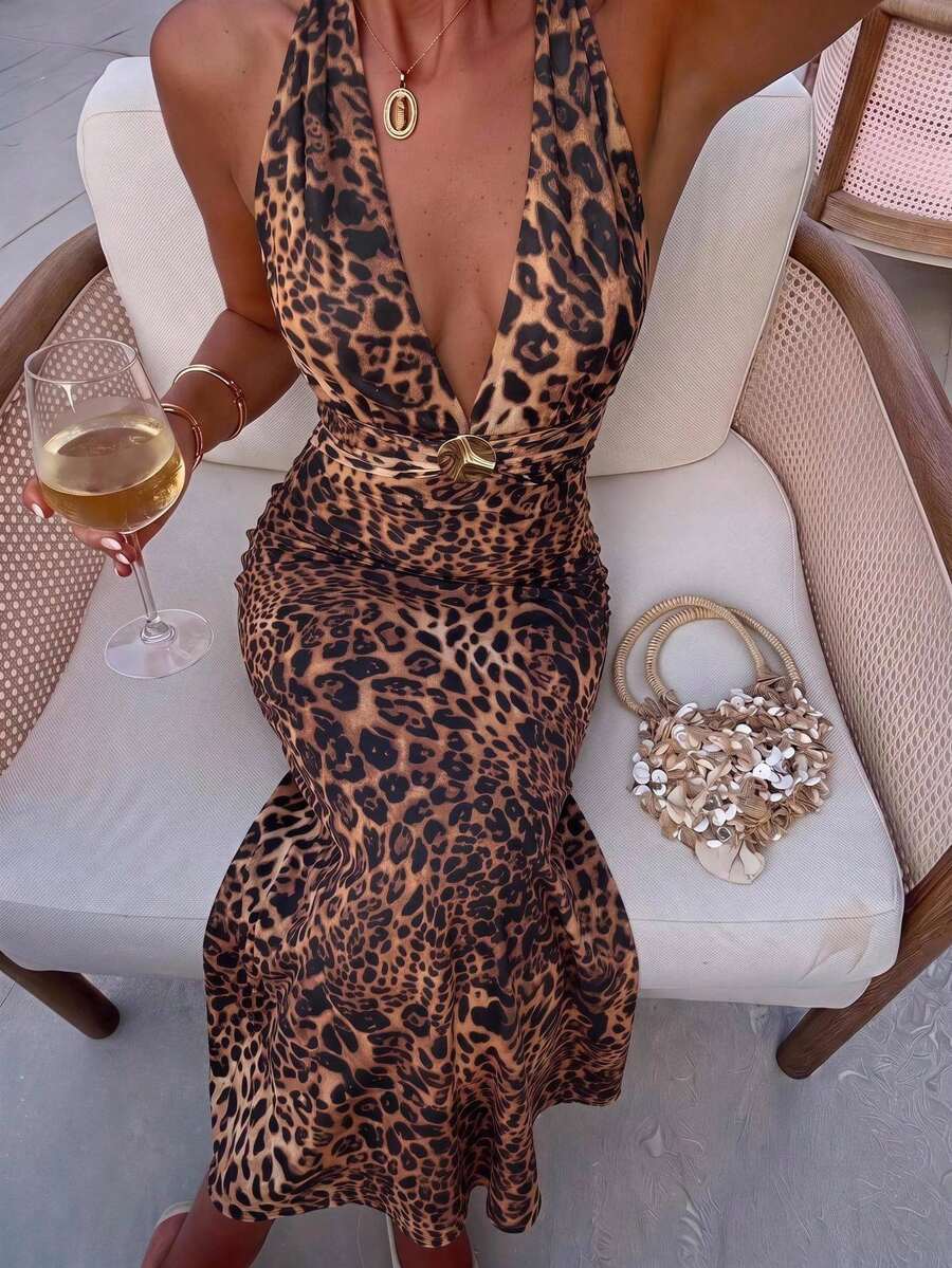 Lumalex Women's Sexy Wrap Dark Brown Backless Halter Neck Dress For Summer Day Party Vacation