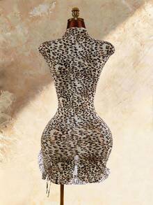 Amplova Women's Leopard Print Mini Dress With Cheongsam Collar - Multicolor - View 8