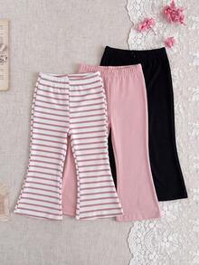 SHEIN Playful Pals 3件組女嬰幼兒百搭休閒多色純色與條紋彈性腰長褲，女嬰喇叭褲，幼兒內搭褲，嬰兒長褲，四季百搭喇叭褲款 - 彩色 - 查看 4