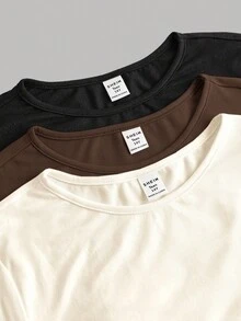 SHEIN Girlism Teen Girl Knit Solid Color 3pcs Pieces Set Round Neck Ruched Long Sleeve T-Shirts - Multicolor - View 3