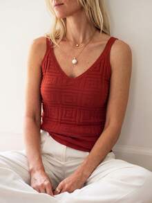 Sprig & Strand Sleeveless Solid Color Knit Top, Summer Holiday Vacation Red Checkered Boho - Burgundy - View 3