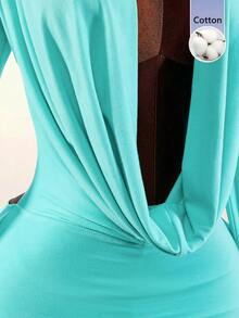 Amplova Romantic Low-Cut Draped Neckline Large Bell Sleeve Bodycon Fitted Mini Dress - Green - View 6