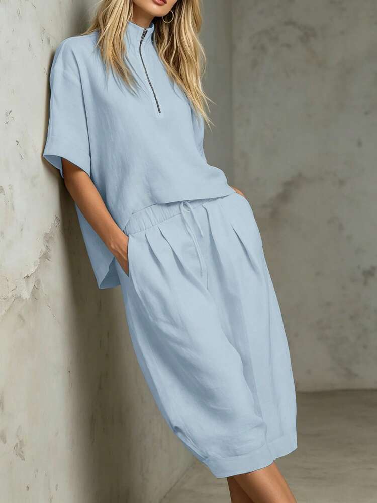 SHEIN Holidaya Women's Premium Textured Fabric Stand Collar Top & Wide Leg Lantern Pants Set, Cool Aesthetic Premium White Cinched Waist 3/4 Length Pants Set, Women's Vacation Two Pieces Set, Women's White Two Pieces Set - Baby Blue - View 4