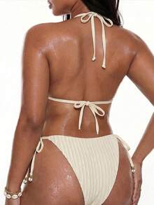 Oceva Plus Size Women's Solid Color Halter Tie Sexy Bikini And Triangle Panty Swimwear Set - Beige - View 2