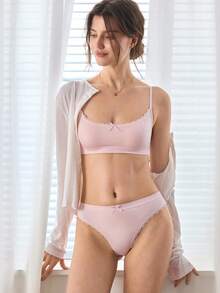 Ocili 女士无缝舒适极简粉色针织蕾丝拼接文胸 - 粉色 - 查看 4