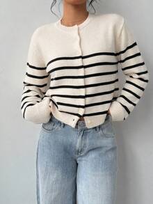 SHEIN BASICS 女款休閒條紋毛衣（米色與黑色），優雅秋/冬，約會、正式、辦公室、工作 - 黑色 - 查看 4