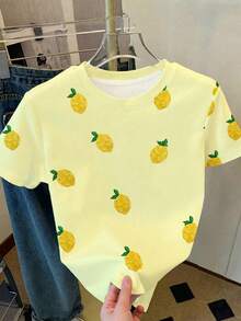 Young Girl Casual Minimalist Cute Polka Dot Mini Shiny Textured Lemon Pattern, Cream Yellow, Pastoral Vacation Style, Round Neck Short Sleeve T-Shirt Suitable For Summer Kawaii, Graphic Tee, Cozy, Tops, Cute - Multicolor - View 2