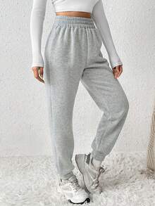 SHEIN PETITE Pantalones de chándal de cintura elástica sólida para primavera, atuendos de graduación, atuendos de vuelta al colegio, atuendos de graduación, atuendos de maestra para mujeres, vuelta al colegio, mujeres de talla pequeña - Gris Claro - Ver 4