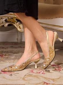 CUCCOO TILAWA Women's Rhinestone Pointed Toe Shiny Fashionable High Heels, Versatile For Daily Wear Valentine's Day - Gold 4 - View 2