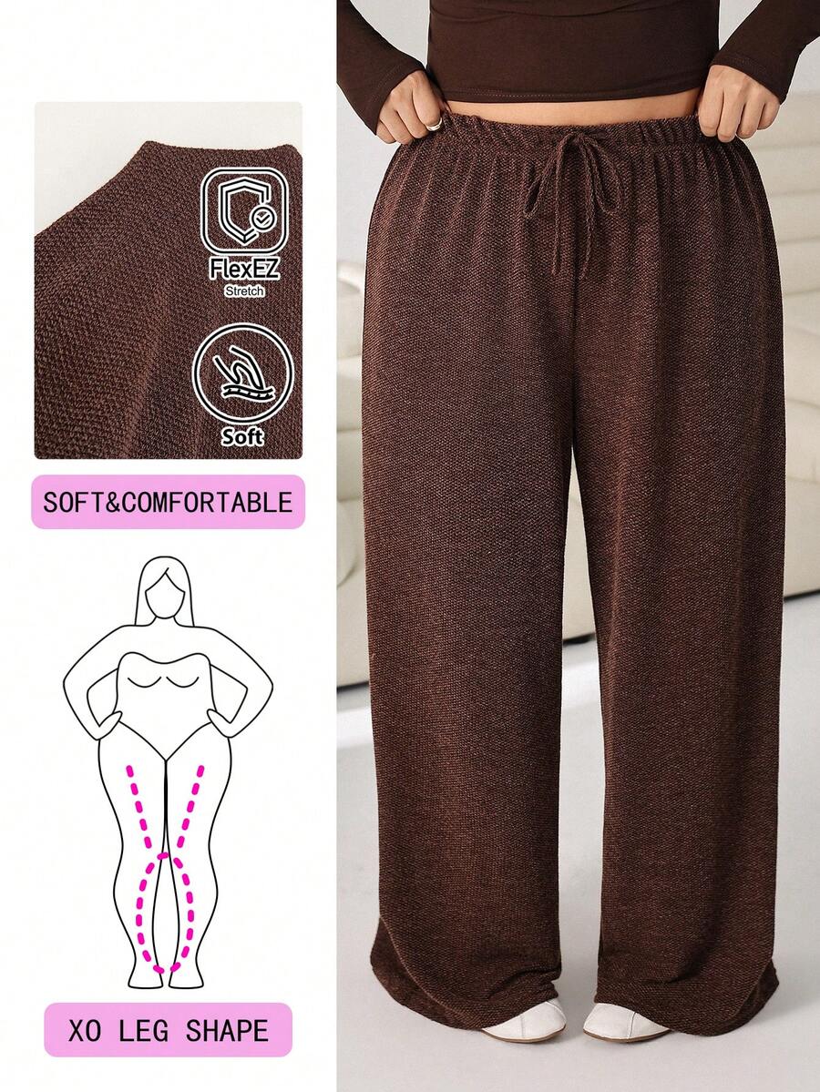 Solflare Plus Size Casual Loose Drawstring Waist Long Pants - Coffee Brown - View 1