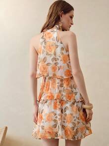 Zanirela Orange Rose Floral Print Halter Neck Tie Dress, Cold Shoulder Sleeveless Tiered Ruffle Hem, Slim Fit Flattering Sweet Vacation Style Mini Dress - Multicolor - View 3