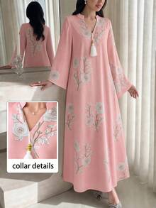 Al Najma Floral Print Decorated Tassel Women's Turkish Kaftan & Arabic Traditional Long Shirt - Pink - View 2