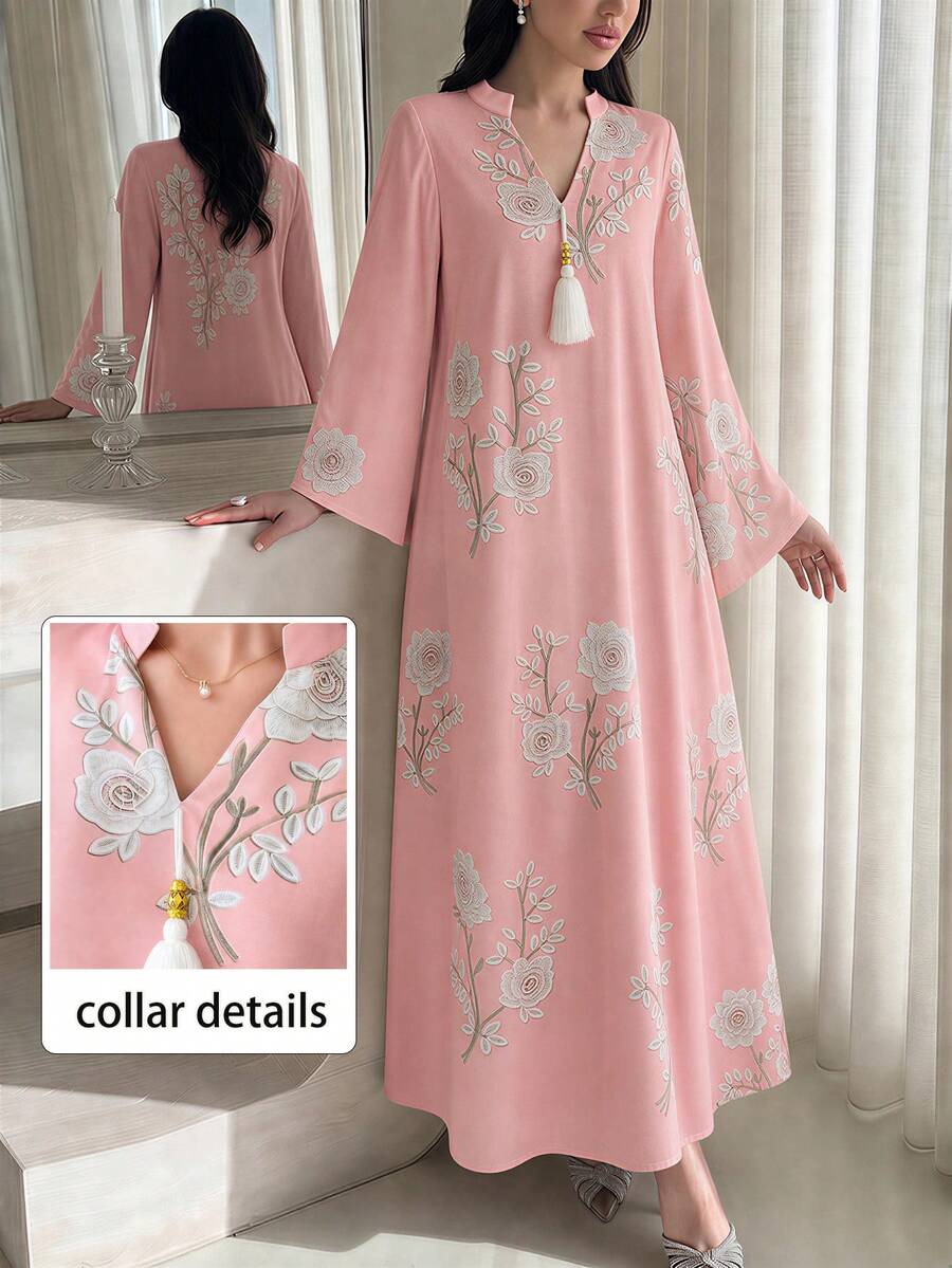 Al Najma Floral Print Decorated Tassel Women's Turkish Kaftan & Arabic Traditional Long Shirt