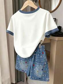 女童夏季甜美碎花細肩帶上衣與短褲兩件套，青少年女孩清新田園風無袖上衣搭配高腰休閒短褲，學生度假街頭風拍照穿搭，花園海灘旅行百搭舒適套裝 - 彩色 - 查看 2
