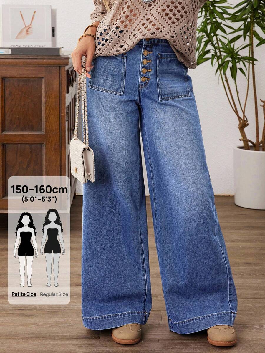 SHEIN PETITE 女款口袋鈕扣休閒百搭通勤寬腿牛仔褲,適合嬌小女性 - 藍色 - 查看 1