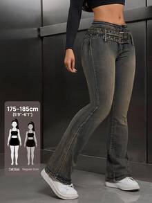 SHEIN Tall 女款前扣口袋簡約牛仔褲，休閒日常穿著，適合高個女性 - 深色水洗藍 - 查看 7
