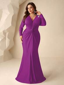 Coutiva Plus Size Formal Evening Gown With Rhinestone Embellishments, Pleated Mermaid Hemline (Intricate Design) - Violet Purple - View 4