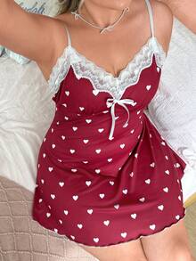 Slumberry CURVE Plus Size Women Heart Print Knit Fabric Contrast Color Lace Strap Mini Nightgown - Red and White - View 5