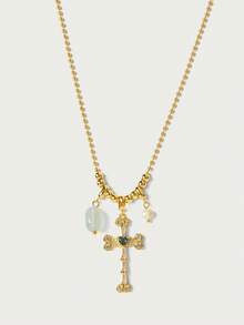 Glisma Collier pendentif croix plaqué or 18 carats, élégant/premium/old money/chic, été/plage/bal/soirée, superposé/pierre précieuse/perles/cristaux, sexy/vintage - Or jaune - Voir 2