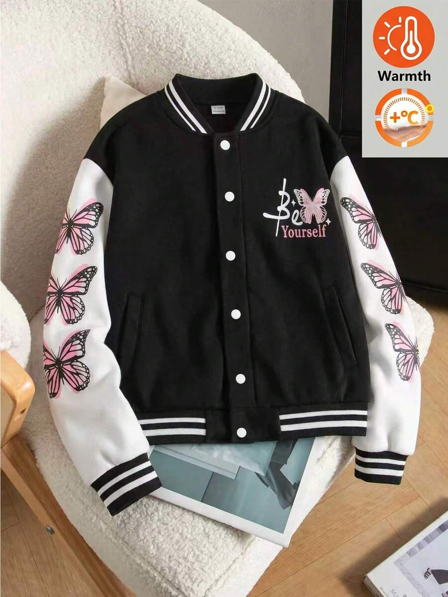 SHEIN Explorewe Streecool 青少年女孩秋冬休閒舒適時尚設計日常百搭字母與娃娃圖案棒球夾克 - 黑與白 - 查看 1