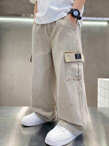 SHEIN Tween Boy Fashion Casual Vintage Y2k Basic Simple Mix And Match Loose Comfortable Straight Leg Jeans For Kids Clothes Boys Soft Dailywear And Kids Summer And Spring Clothes - Khaki - View 3