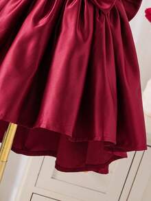 SHEIN Glamorique Kids Infant Girl Wedding Flower Girl Dress, Burgundy Glossy Fabric, 3D Bow Back, Train, Baby Girl Dress, 1st Birthday Dress Autumn Winter - Burgundy - View 9
