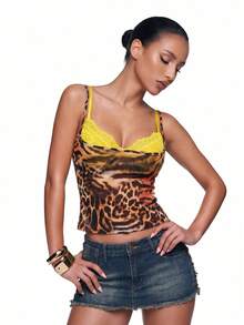 SHEIN ICON Women's Leopard Print Sheer Camisole, Paired With Black Lace Spaghetti Strap Top,Summer Top - Multicolor - View 7