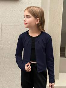 SHEIN 兒童青少年女孩休閒日常百搭純色百褶圓領前開扣短版七分袖秋季外套，返校季 - 藍色 - 查看 5