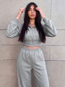Hitanina 女款春季時尚粉色前拉鍊連帽衛衣與長褲兩件套 優雅 - 灰色 - 查看 5
