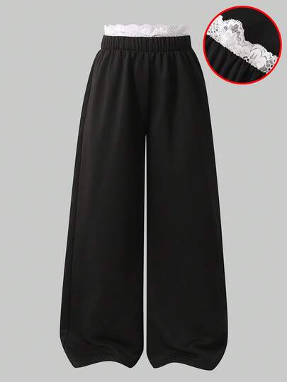 SHEIN 1pc Tween Girl Loose Athletic Casual Sweatpants, Solid Color Lace Trim Decor, Elastic Waist Wide Leg Long Pants, High Waist Straight Leg, Spring Autumn Versatile Pants