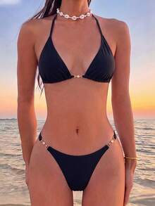 Costavie Summer Beach Chain Linked Halter Triangle Bikini Set - Black - View 2