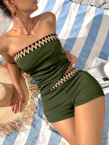 SHEIN Swim 女款度假海灘編織肩帶拼接式分體式比基尼套裝 - 橄欖綠 - 查看 5