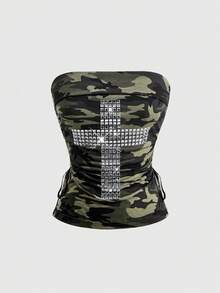 ROMWE J-Fashion Top tubo negro Y2K con remaches en cruz, strass, cordón y abertura para mujer - Verde militar - Ver 5