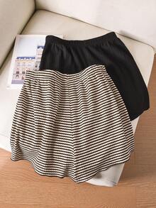 CosyJoli Plus Size Summer Casual Textured Black And Striped Shorts - Coffee Brown - View 4