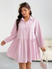 Shapeblank Plus Size Women's Autumn Casual Loose Lightweight Comfortable Slimming Allover White Long Sleeve Button-Up Shirt Dress Teachers' Day Brunch Office - Pink - View 3
