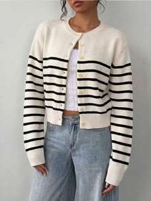 SHEIN BASICS 女款休閒條紋毛衣（米色與黑色），優雅秋/冬，約會、正式、辦公室、工作 - 黑色 - 查看 1