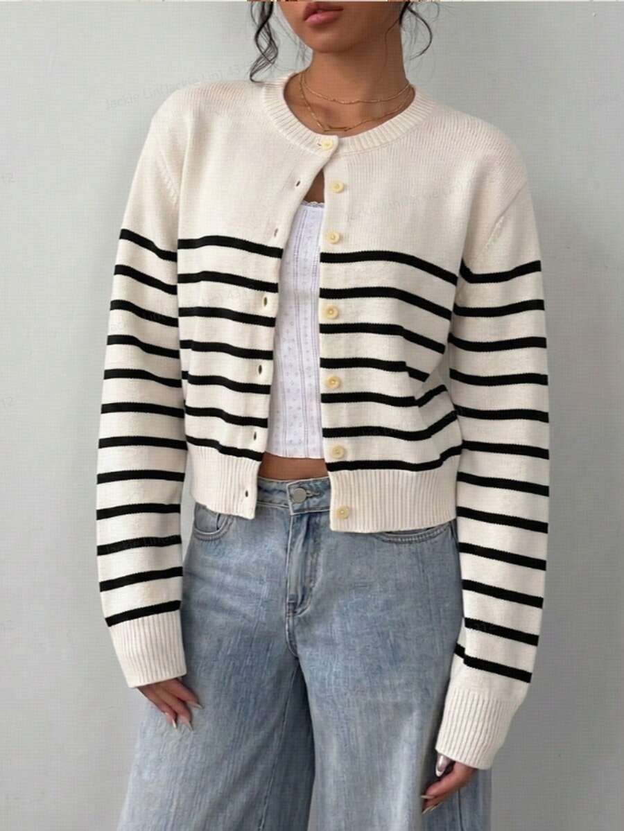 SHEIN BASICS 女款休閒條紋毛衣(米色與黑色),優雅秋/冬,約會、正式、辦公室、工作 - 黑色 - 查看 1