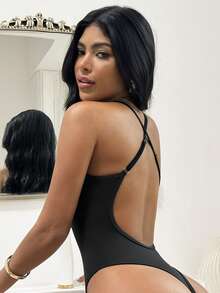 SHEIN Sports Women's Solid Color Deep V-Neck Spaghetti Strap Athletic Jumpsuit - Black - View 6