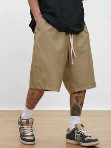 TOKVUE Loose Men's Shorts With Letter Patchwork And Drawstring Waist - Khaki - View 3