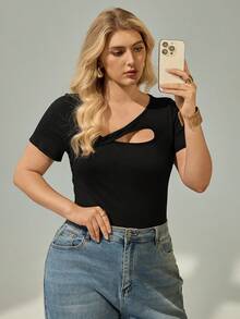 Shapeblank Women's Plus Size New Spring/Summer Fashionable Black Hollow-Out Slim Fit Short Sleeve T-Shirt, Versatile - Black - View 4