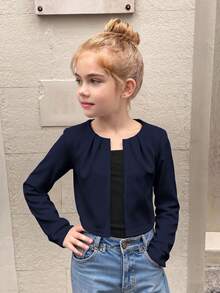SHEIN 兒童青少年女孩休閒日常百搭純色百褶圓領前開扣短版七分袖秋季外套，返校季 - 藍色 - 查看 2